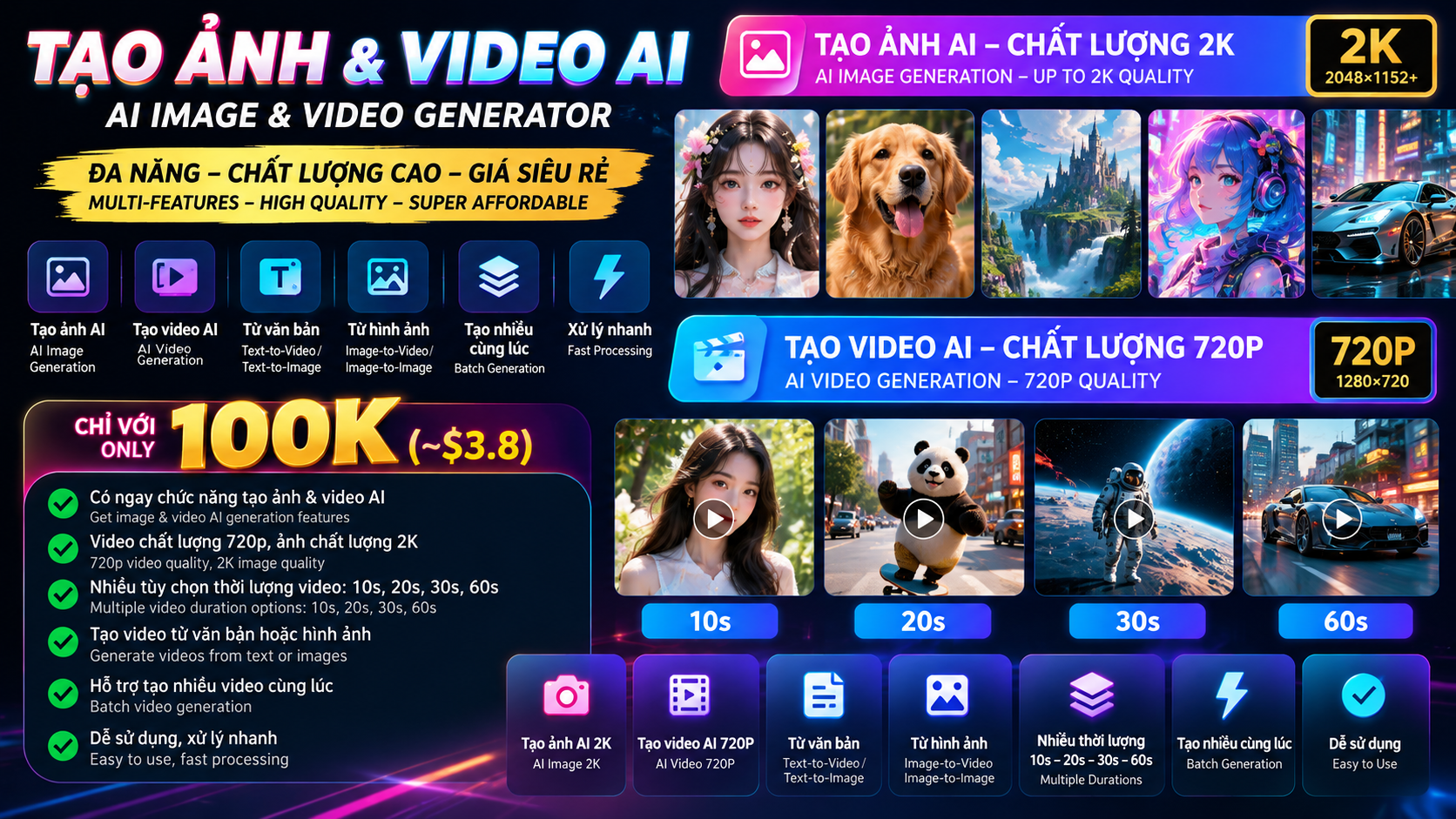 VIP 3 Key tạo ảnh 2K + 6250 video 720P 1 tháng Bảo hành 15 ngày